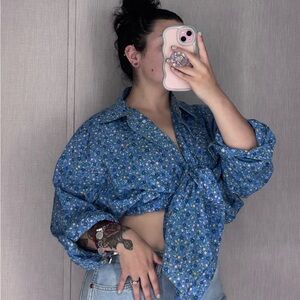 Ralph Lauren Blue Floral Tie-Front Button-Down Shirt